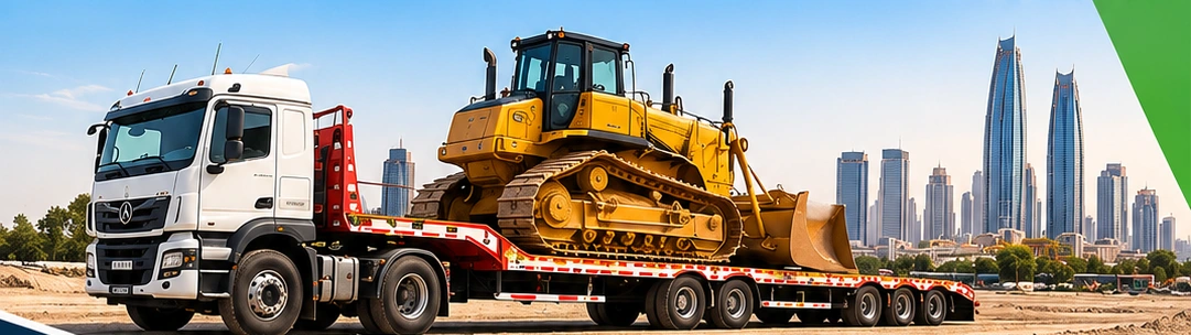 Low-bed trailer transporting a bulldozer in Abu Dhabi